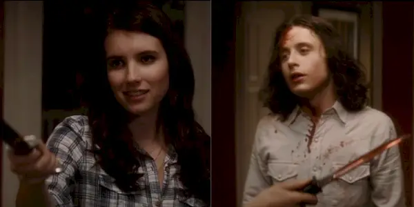 Jill Roberts (Emma Roberts) und Charlie Walker (Rory Culkin) schwingen Messer in Scream 4