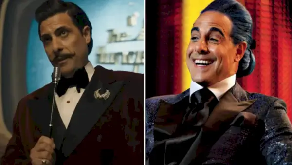 Jason Schwartzman als Lucky Flickerman und Stanley Tucci als Ceasar Flickerman in der Filmreihe „Die Tribute von Panem“.