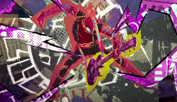 Spider-Punk se destroza con una guitarra en medio de una red que parece un collage en Across the Spider-Verse.