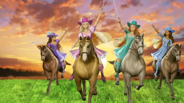 Barbie y las tres barbies mosqueteras a caballo en