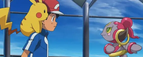 Ash és egy Pokémon egymás arcába néz.