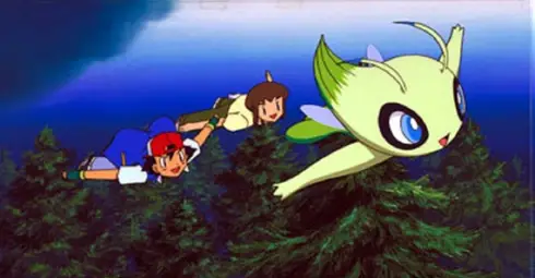 Celebi in Ash letita v njegovem filmu Pokémon