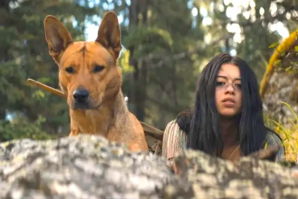 Amber Midthunder als Naru, die mit ihrem Hund über den Rand einer Klippe blickt. Bild: Hulu.