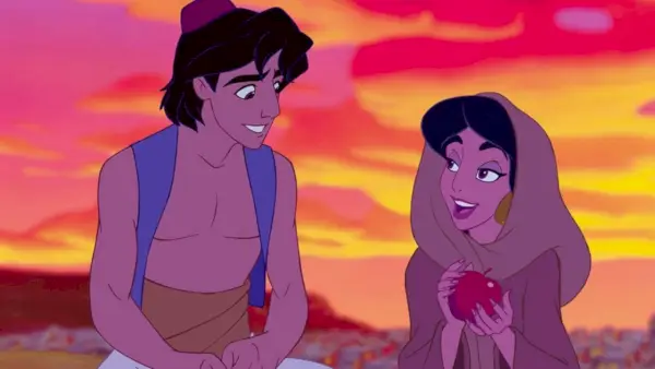 Aladdin et Jasmine (exprimés par Scott Weinger et Linda Larkin) dans Aladdin (Disney)