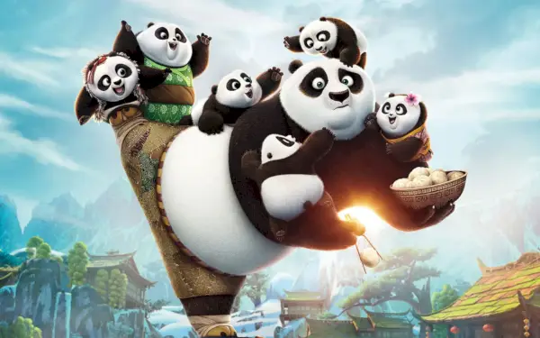 بو الباندا يوازن بين 6 صغار الباندا بين ذراعيه وساقه في Kung Fu Panda 3