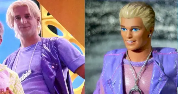 Tom Stourton como Earring Magic Ken na Barbie comparado ao Earring Magic Ken Toy