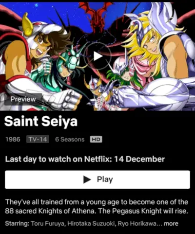 Sesong 1–6 av «Saint Seiya» forlater Netflix i desember 2021