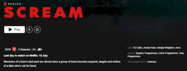 Scream Tv Show Напускане на Netflix Подробности за приложението