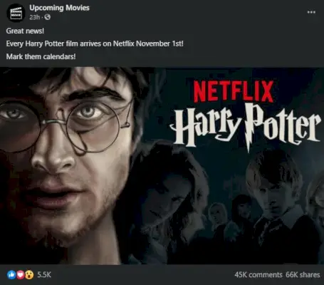 Harry Potter Netflix Příspěvek na Facebook