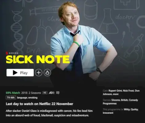 Sick Note Odstránenie Netflix na stránke