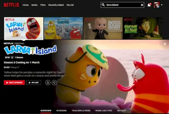 Datum vydání Larva Island zobrazené na Netflixu