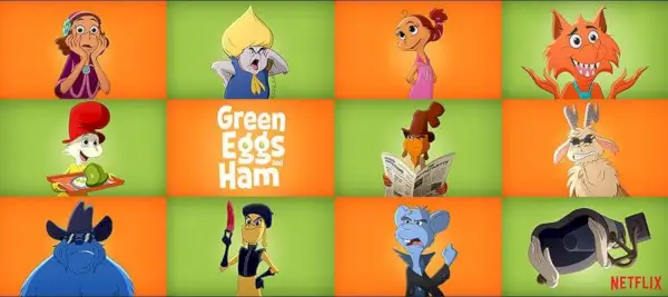 Cuadrícula de personajes de huevos verdes y jamón 1