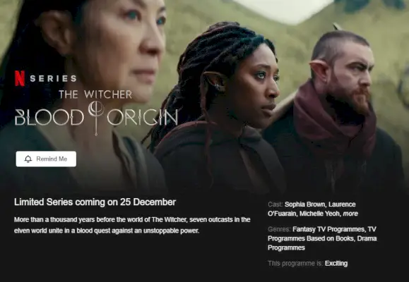 Page Netflix de The Witcher Blood Origin.webp