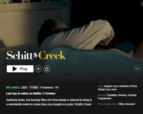 Schitts Creek jättää Netflixin 2. lokakuuta