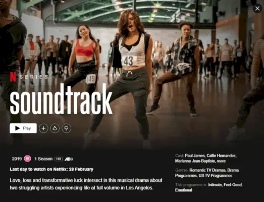 La serie originale Netflix 'Soundtrack' lascerà Netflix a marzo 2022