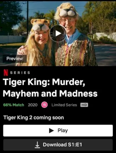 Tiger King 2 listad i appen