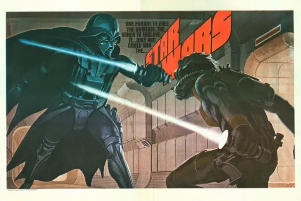 Darth Vader en Luke Skywalker vechten met lichtzwaarden in Ralph McQuarrie