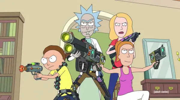 Rick, Morty, Beth y Summer empuñando armas y luciendo duros