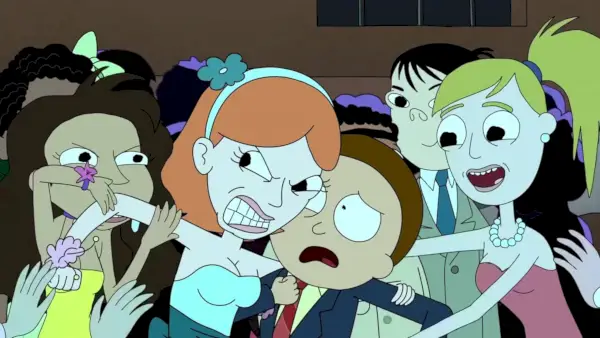 Chicas peleando por Morty en el baile de la gripe