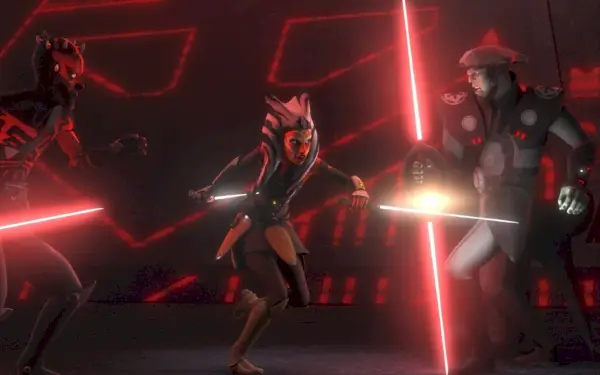 Ahsoka lutando contra um Inquisidor no episódio Star Wars Rebels