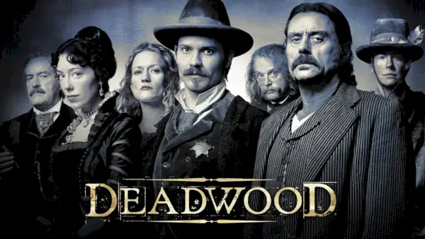 Başlık kelimesinin arkasında Deadwood'un kadrosu.