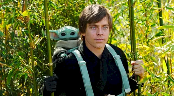 Mark Hamill som Luke Skywalker med Grogu i The Mandalorian