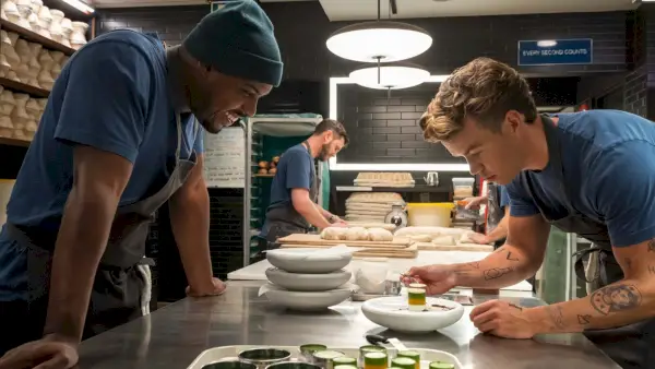 Twee mannen in de keuken van een restaurant die een dessert perfectioneren.