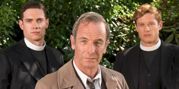 Tom Brittney como Will Davenport, Robson Green como Geordie Keating y James Norton como Sidney Chambers en Grantchester