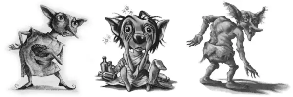 Dobby, Winky och Kreacher från Harry Potter. Illustration av Mary GrandPré.