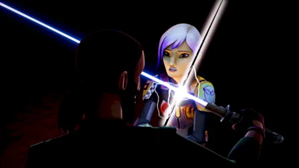 Tiya Sircar dans le rôle de Sabine Wren combattant avec le sabre noir dans Star Wars Rebels